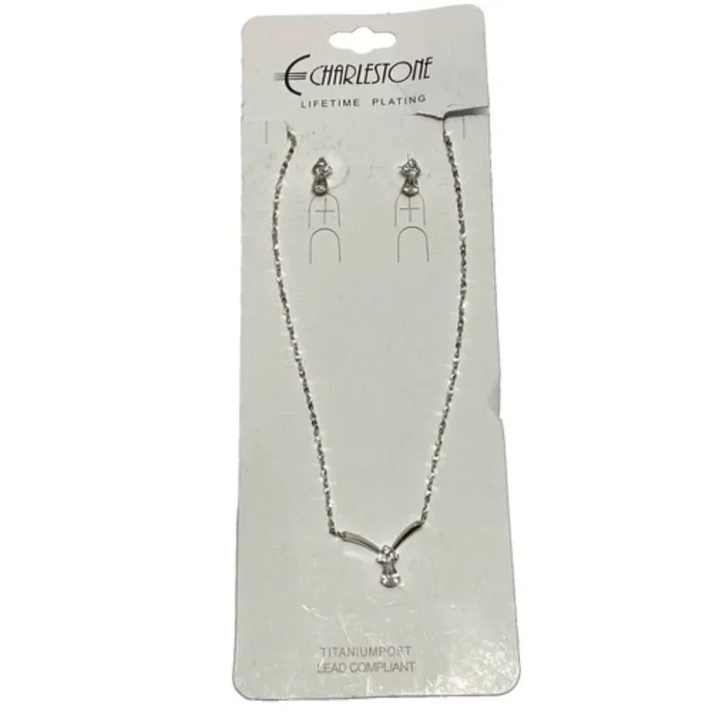 Charlestone Jewelry Set‎ Necklace and Earrings Silvertone Lifetime Plating NWT